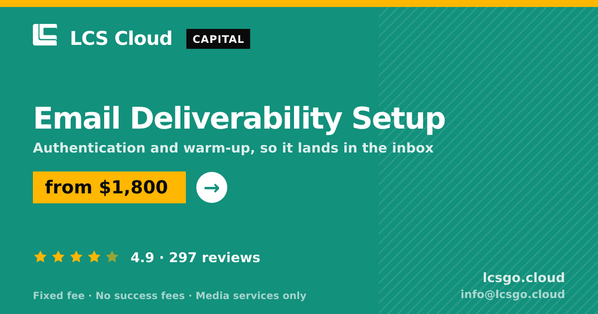 Email Deliverability Setup — from $1,800, rated 4.9/5 across 297 reviews. LCS Cloud.