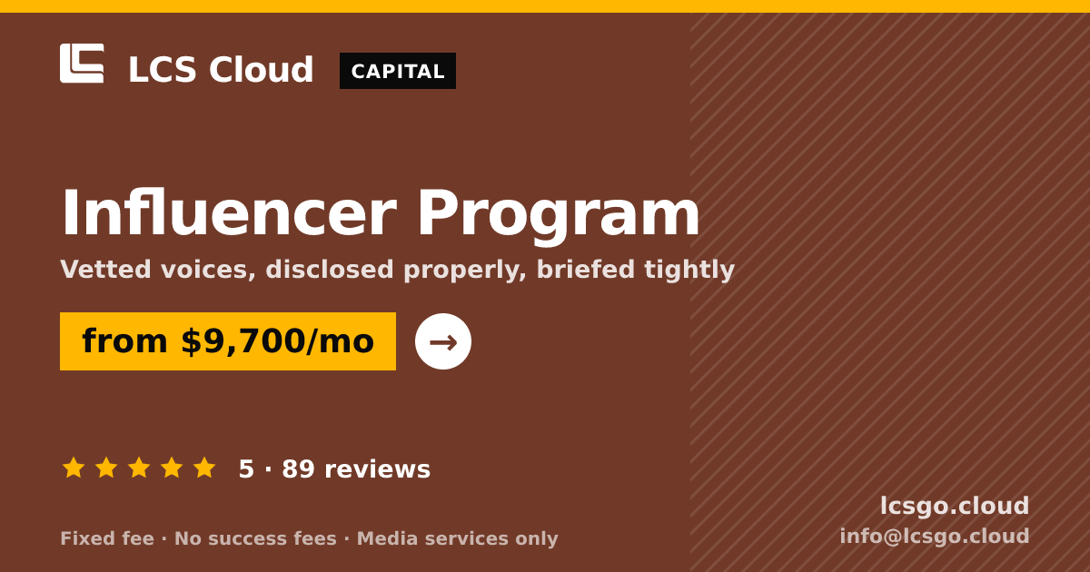 Influencer Program — from $9,700/mo, rated 5/5 across 89 reviews. LCS Cloud.