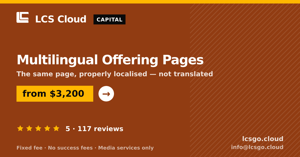 Multilingual Offering Pages — from $3,200, rated 5/5 across 117 reviews. LCS Cloud.