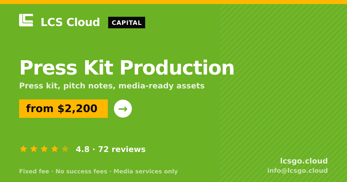 Press Kit Production — from $2,200, rated 4.8/5 across 72 reviews. LCS Cloud.