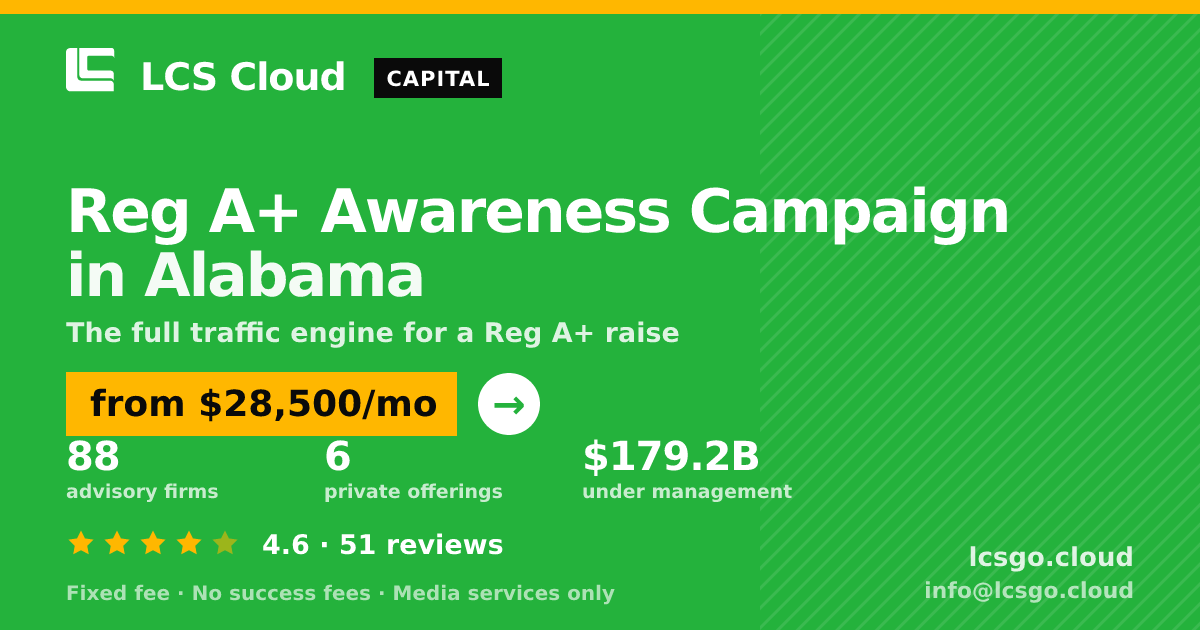 Reg A+ Awareness Campaign in Alabama — from $28,500/mo, rated 4.6/5 across 51 reviews. LCS Cloud.