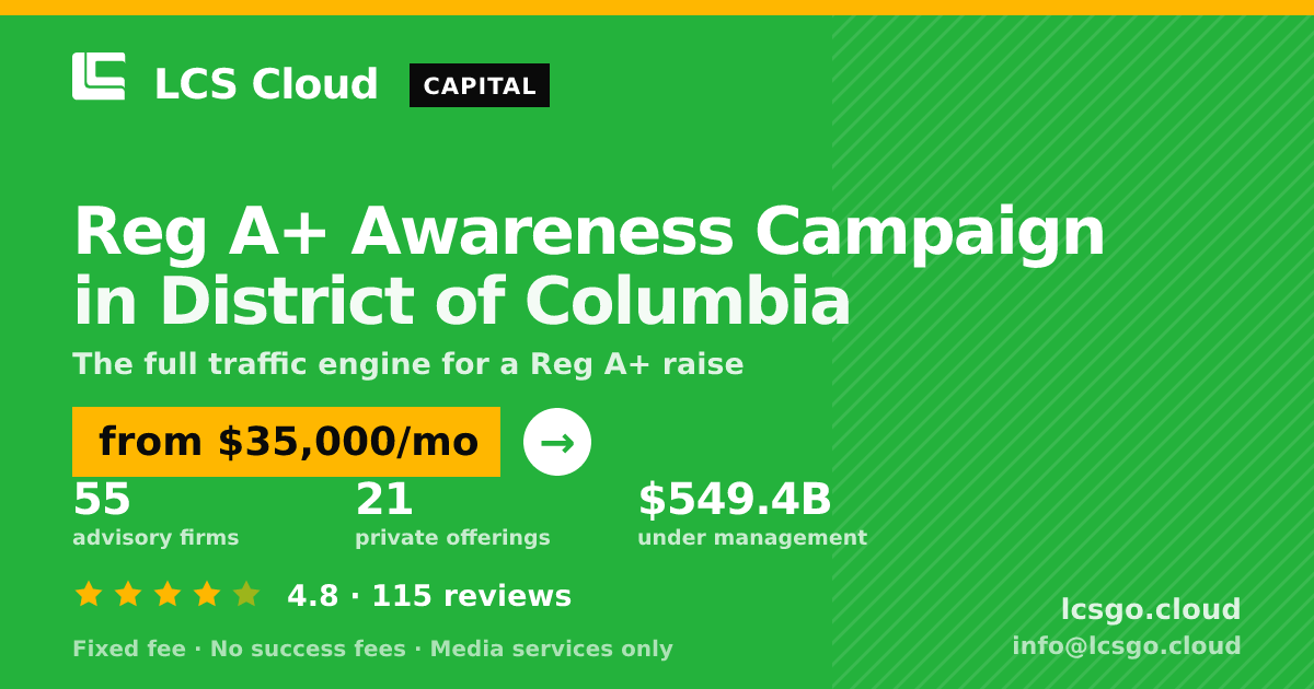 Reg A+ Awareness Campaign in District of Columbia — from $35,000/mo, rated 4.8/5 across 115 reviews. LCS Cloud.