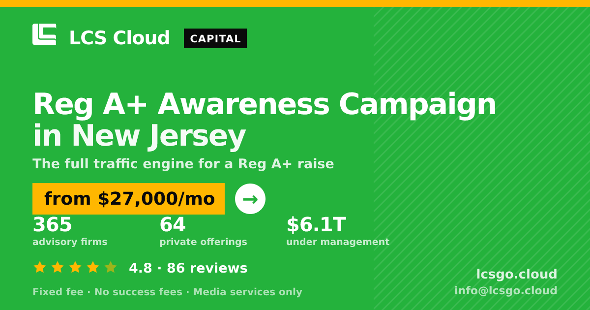 Reg A+ Awareness Campaign in New Jersey — from $27,000/mo, rated 4.8/5 across 86 reviews. LCS Cloud.